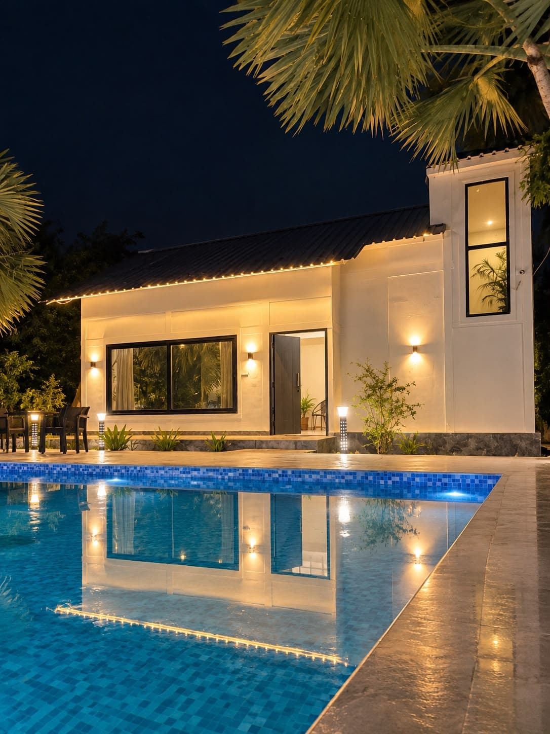 The Cosmos Farm exterior lit beside the pool at night