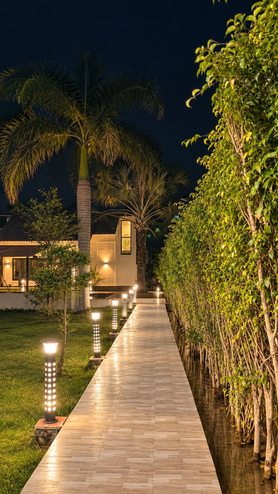 Lit walkway through the landscaped outdoor area