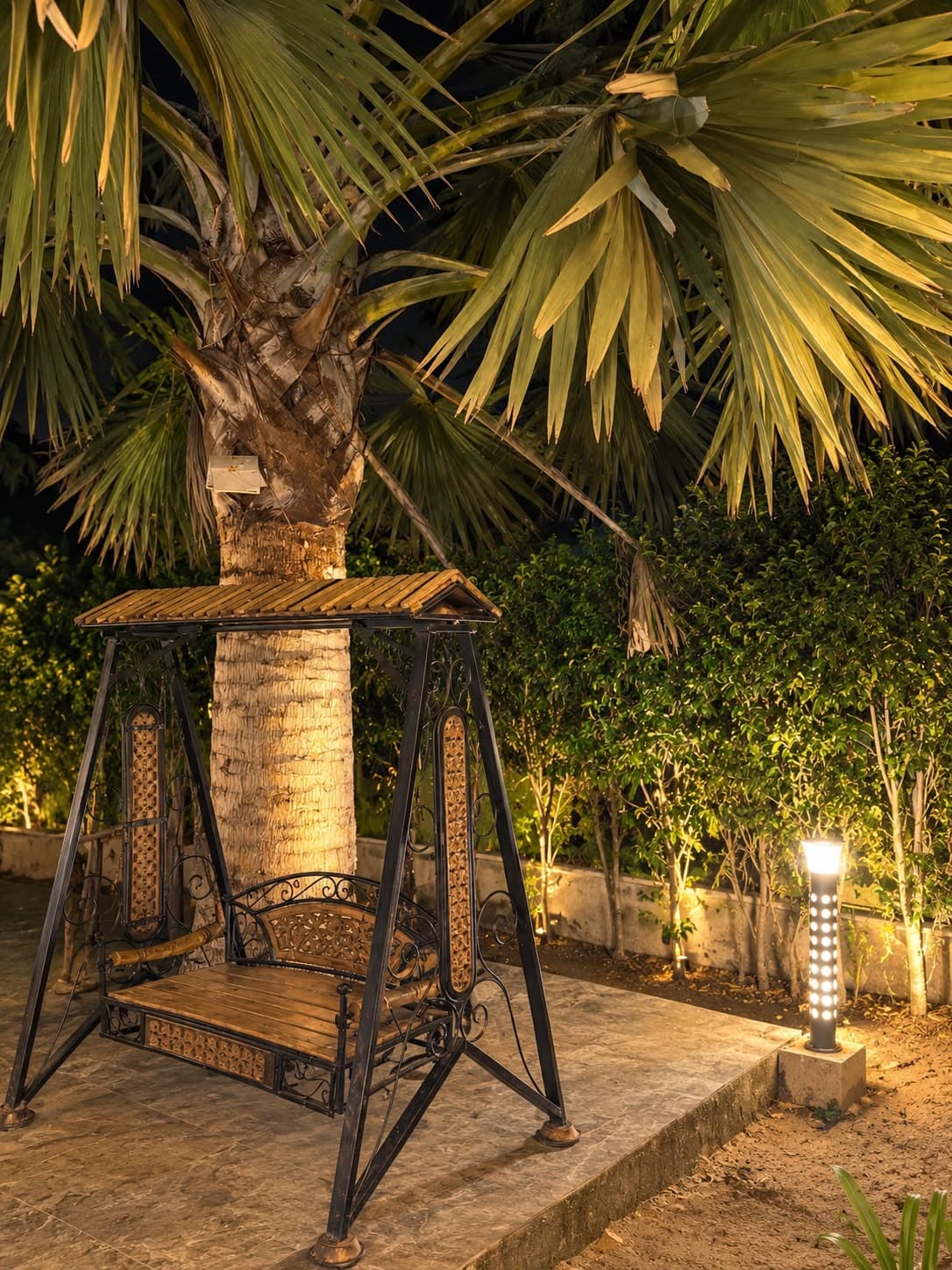Garden swing and night lighting at The Cosmos Farm